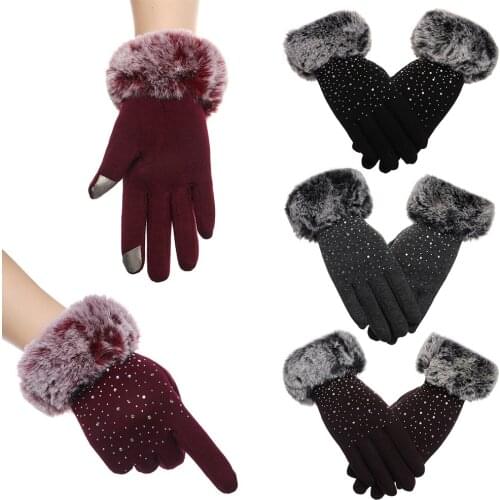 New Shiny Rhinestone Winter Touch Screen Gloves Women Faux Fur Thicken Warm Mittens Windproof Women Cashmere Gloves