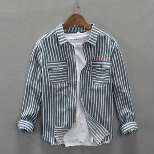 Autumn New Mens Long Sleeve Striped Shirts Pure Cotton Fashion Casual Turn-down Collar Male Chest Patch Pocket Tops Clothing