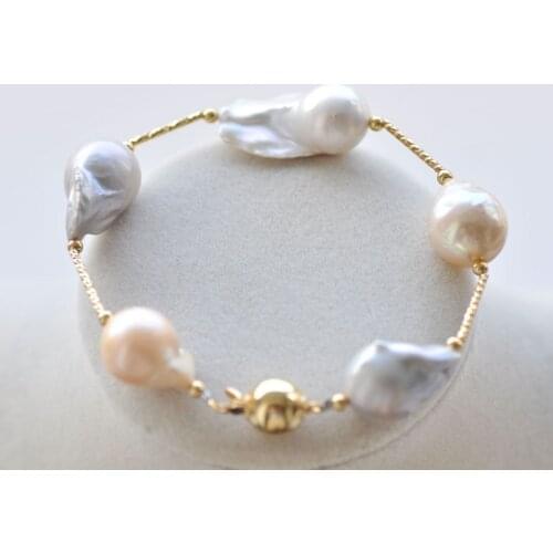 P7360 8" 20mm White Gray Pink Baroque Reborn KESHI Pearl Bracelet