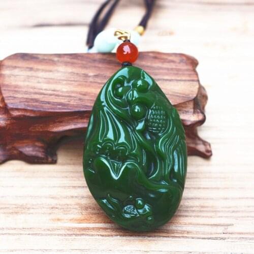 Drop shipping Green Stone Pendant Carved Chinese fish Lotus flower Pendant Necklace Amulet Men Womens Fashion Jewelry Free Rope