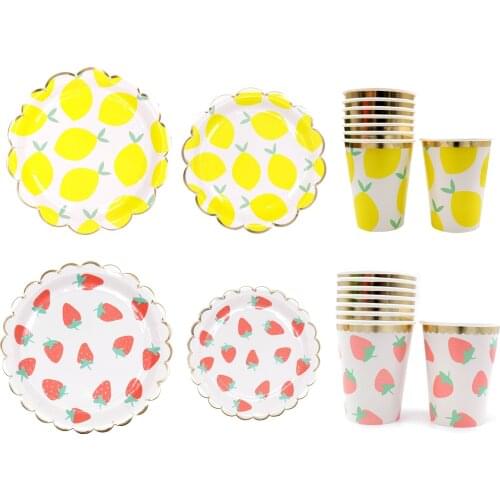 Summer Party Favor Disposable Paper Tableware Yellow Lemon Pink Strawberry Pattern Plate Napkin Cup Straw for Birthday Wedding