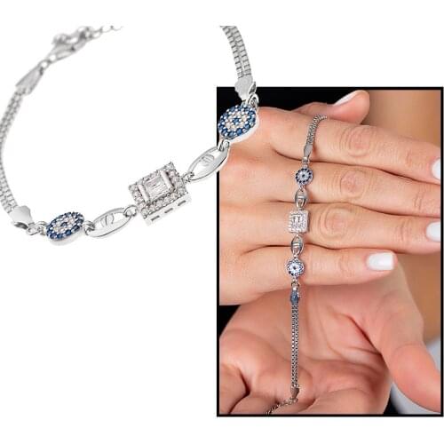 Tesbihane Baget Cubic Zirconia Blue Zircon Stone Detail Half Round 925 Sterling Silver Women Bracelet
