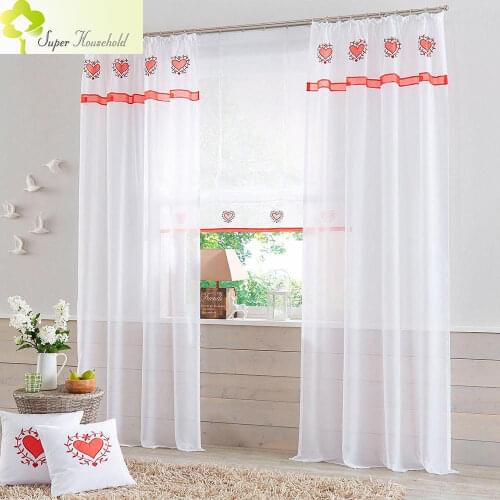 High Density Polyamide Tulle Splicing Embroidered Heart Curtains for Bedroom Window Screen Living Room Red/ Gray Sheer