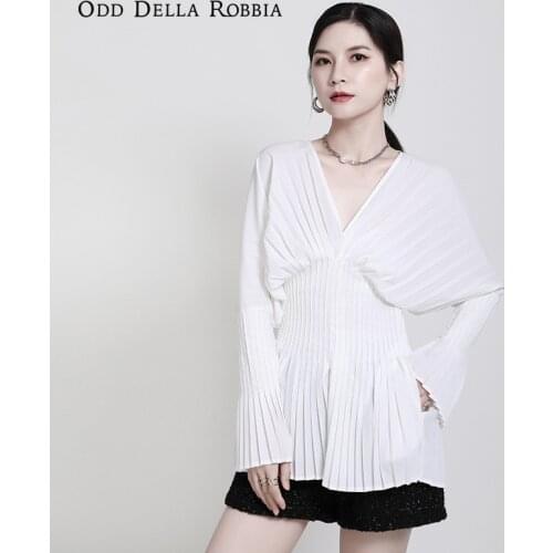 OddDellaRobbia 2021 Spring Women French Romance Vintage Pure Color Pleated V-neck Printed Shirt Trumpet Sleeve Waist Top 1552