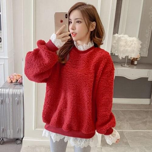 Women Hoodies Sweatshirts Womens Sweater Autumn and Winter Loose Lace Stitching Plush Top Ropa Mujer