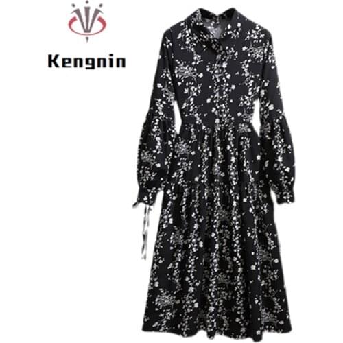 Autumn Black Dresses Woman Long Sleeve Chiffon Office Lady Vestidos Dresses Loose Big Size Print Bohemian Female Robe KE1700