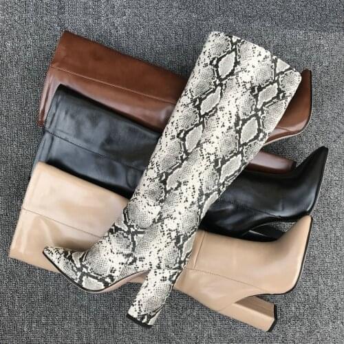AIWEIYi New Sexy Knee High Boots for Woman Snake Print Square High Heels Thigh High Boots Fur Slip On Runway Boots Botas Shoes