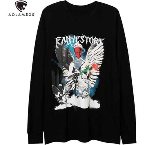 Aolamegs Sweatshirt Men Angel Statue Punk Letter Print Hoodie Pullover Couple Cozy High Street Fashion Punk Oversized Streetwear