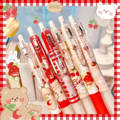 6pcs/set Kawaii Rabbit Strawberry Black 0.55mm Ink Pen Signature Gift Office Stationery