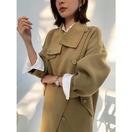 Comfortable and soft double-sided tweed childrens coat 2021 autumn winter asymmetric collar cashmere coat medium long loose