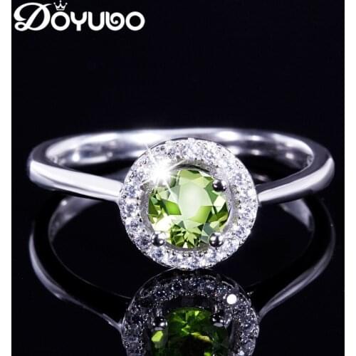 DOYUBO Classical Women Real Silver Round Olivine Stone Wedding Ring Luxury Lady Adjustable Semi Precious Stone Ring JewelryVB279