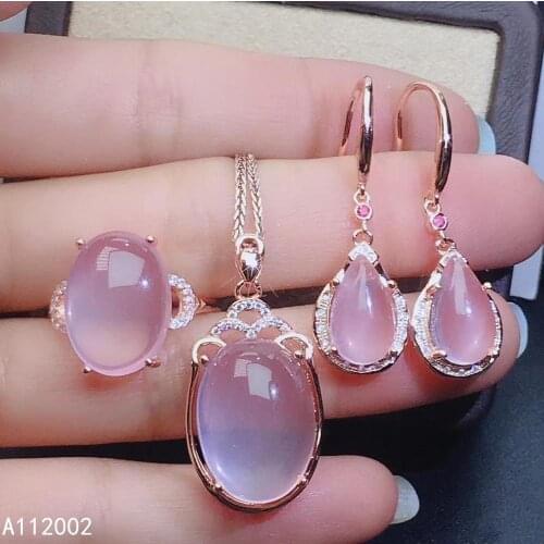 KJJEAXCMY fine jewelry natural Rose Quartz 925 sterling silver women gemstone pendant ring earrings set support test luxury