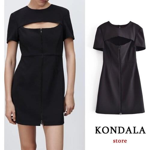 KONDALA Za Chic Black Sexy Party Dress Women Short Sleeve Front Hole Sheath Mini Dresses Female Summer Vintage Mujer Vestidos