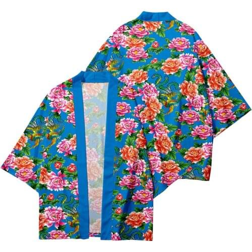Red Blue Flowers Street Fashion Beach Japanese Kimono Robe Cardigan Men Shirts Yukata Haori Womens Clothing Plus Size XXS-6XL