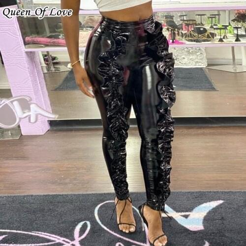 5 Color PU Leather Ruffle Leggings 2021 New Autumn Women High Waist Pencil Pants Skinny Sexy Club Party Trousers Big Size