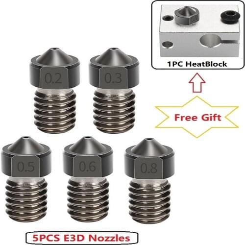 MEGA 5PCS E3D Hardened Steel Nozzle 3D Printer Parts 0.2mm 0.3mm 0.4mm 0.5mm V5 V6 M6 Thread 1.75mm Nozzles Extruder Free Gift