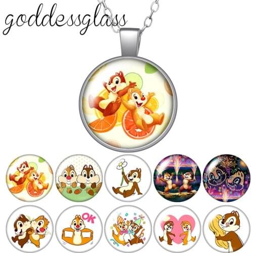 Cute Chip n Dale Lovely cartoon squirrel Round Glass glass cabochon silver plated/Crystal pendant necklace jewelry for Gift