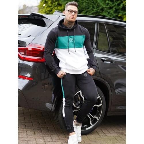 2020 Autumn New Style Mens Sports Suits Male Fitness Patchwork Hooded Pullover Tops Casual Sweatpants Fashion Clothing