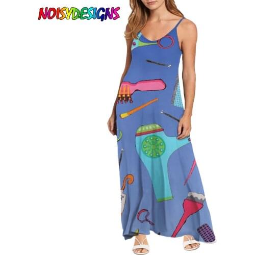 NOISYDESIGNS Womens Loose Hairdresser Cosmetologist Print Sleeveless Vest Long Dress Fashionable Personality Ladies Dress Blue