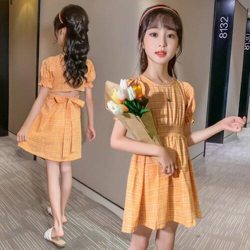 2021 new girls dress fashion plaid girls puff sleeve childrens dress girls summer 4 6 8 9 10 12 years old