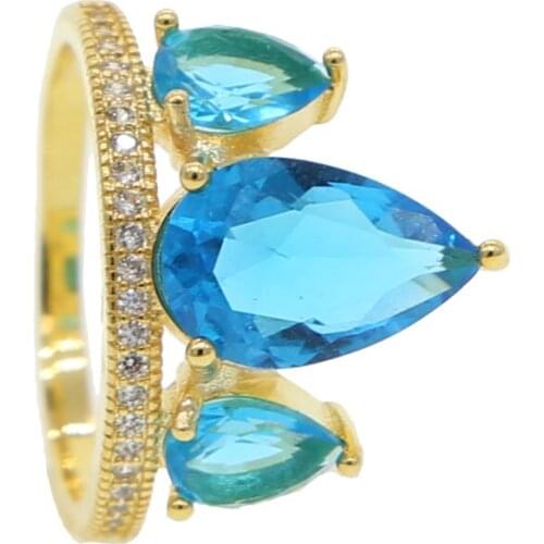 2020 New Wedding Engagement Ring For Women Gold Filled Bright Sparking Bling Tear Drop Colorful Cz Blue Stone Lady Finger Ring