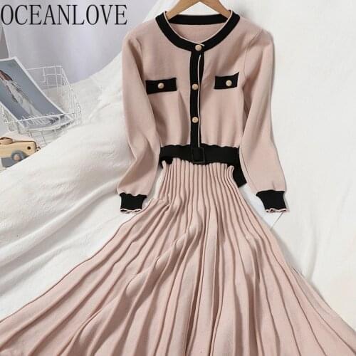 OCEANLOVE Robe Femme Knitting Korean Chic Elegant A-line Autumn Winter Dresses for Women Contrast Color 2021 Ins Vestidos