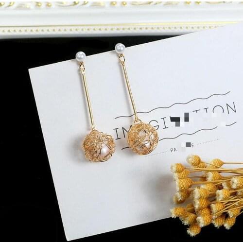 Hollow Gold Skein Pearl Earrings Temperament Long Pendant Personality Exaggerated Tide Net Red Earrings For Women Oorbellen