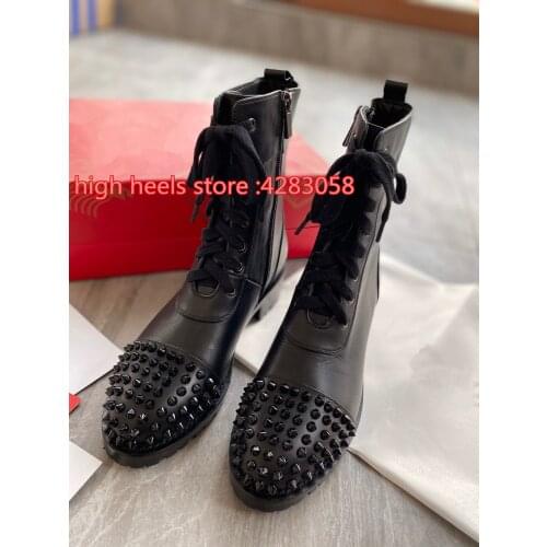 Casual Designer sexy lady vintage fashion womens boots black leather round toe studded spikes zipper short shoes