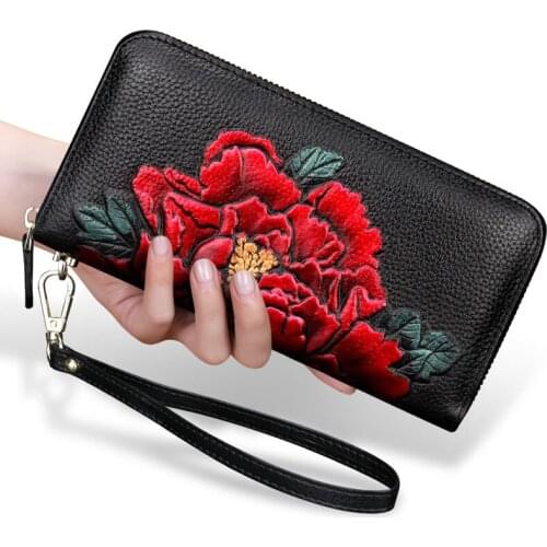 Luxury Genuine Leather Women Wallets Long Clutch bag Folk-custom Flower Printing Cow Leather Wallet Card Holder Cell Phone Purse