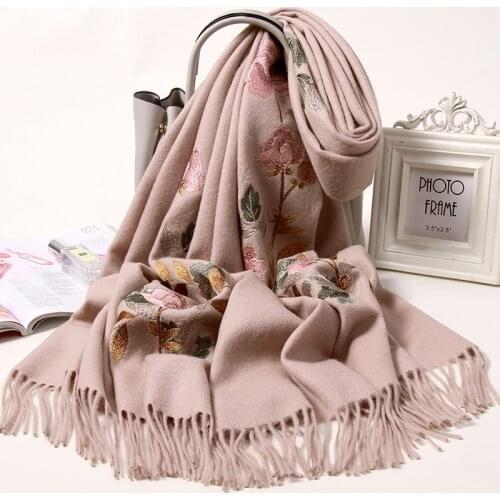 Fine Embroidered Wool Scarf Women Solid Beige Pashimina Shawls for Wedding Wraps Winter Ladies 100% Wool Scarves Foulard Hiver