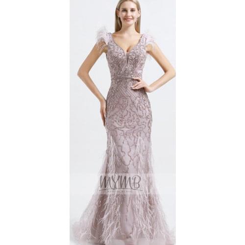 Gorgerous Trendy Dusty Pink Evening Gown Pagent Plunging Beaded Feathers With Cloak Sexy Evening Reception Dress For Bride Party