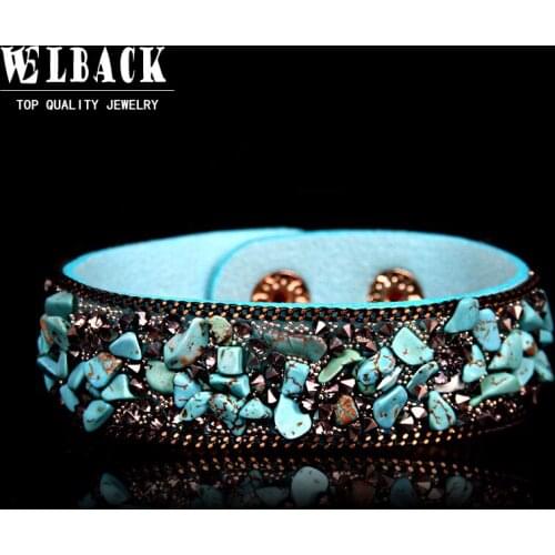 Welback Newest Fashionable Women Jewelry Bohemia Style Rhinestone Leather Charm Wrap Bracelet Bangles With Buttons Adjust Size