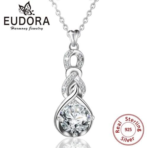 EUDORA 925 Sterling Silver Water Drop Shiny CZ Pendant Necklace with box Fine Jewelry for Women Wedding Birthday Party Gift D84