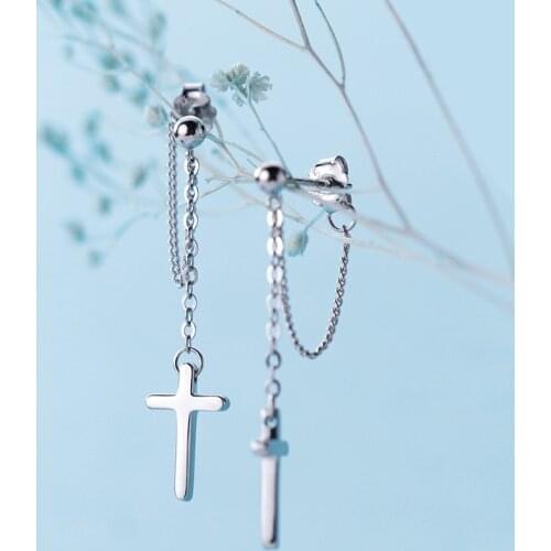 MloveAcc Classic Real 925 Sterling Silver Cross Drop Earrings Trendy Tassel Chain for Women Party Vintage Accessories Gift