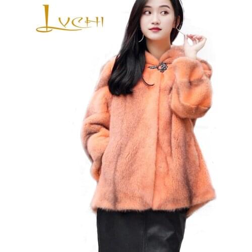 LVCHI Winter 2019 With Fur Hood Natural Real Mink Fur Coats Womens Coat Full Pelt Button Medium Causal Orange Loss Mink Coats