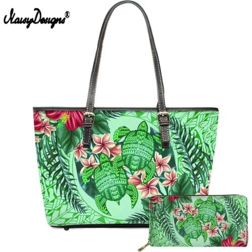 NOISYDESIGNS New Trend Women Shoulder Bag Set Hawaii Tropical Leaves Hibiscus Turtle Pattern Luxury Leather Handbag And Purse