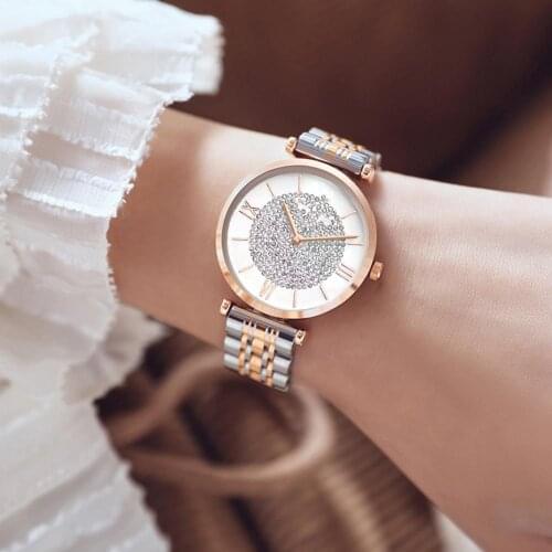 Women Paved Rhinestone Roman Numerals Round Dial Alloy Band Analog Quartz Watch