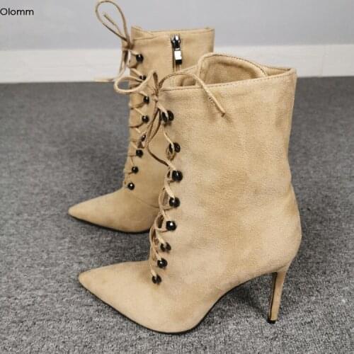 Olomm New Arrival Women Ankle Boots Stiletto High Heels Boots Pointed Toe Charm Apricot Casual Shoes Women Plus US Size 5-15