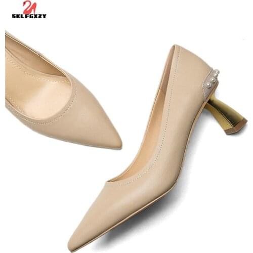 SKLFGXZY European Style Women Genuine Leather High Heels Fashion Cowhide Wedding Party Women Shoes Pumps