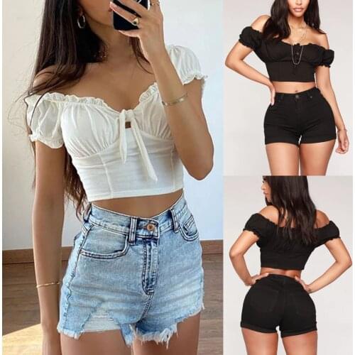 Women Summer Sexy Fashionable Solid Color Off-The-Shoulder Short Top Casual For Girls Shopping Holiday