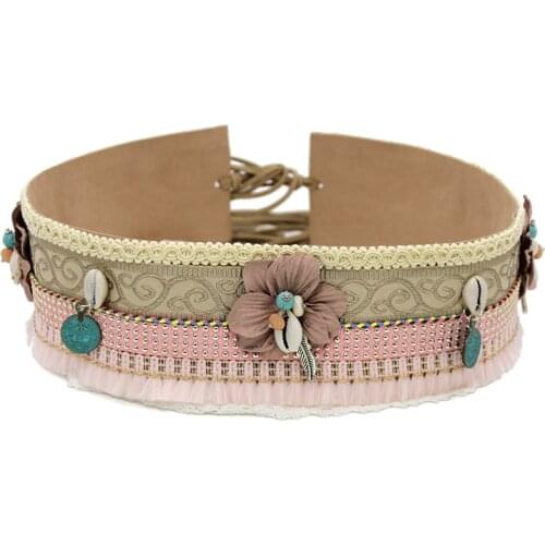 Woman Waist Belt Fashion Bohemian Handmade Lace Embroidery Fabric Flower Accessories Shell Bead Decoration Belts for mujer Dress