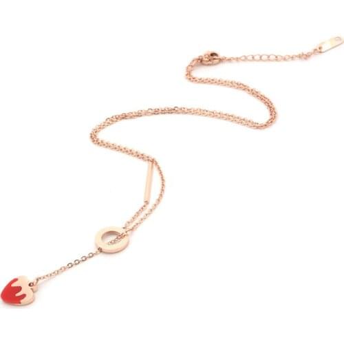 Simple ncaklaces for women fashion rose gold round necklace Strawberry fruit red pendant stainless steel chain necklace jewelry