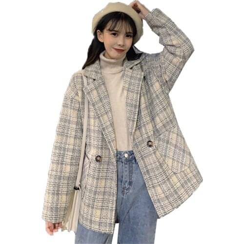 Blended Woolen Coat Women Lattice Wool Jacket New 2020 Spring Autumn Suit Collar Single-breasted Check Jackets Outerwear K709