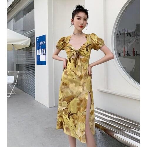 2021 Summer New High Waist Puff Sleeve Hollow Sweet Dress Vintage oil painting Holiday High Slit Midi Dress Womens Clothing