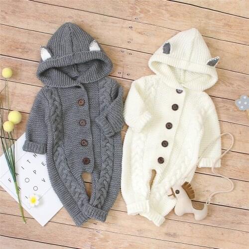 0-24M Winter Newborn Baby Girls Boys Sweater Romper Fashionable Long Sleeve Hooded Jumpsuit Bodysuit Camel