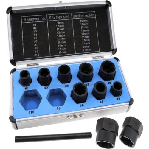 10Pcs Damaged Bolt Nut Screw Remover Extractor Removal Set Nut 9-19mm Removal Socket Tool Black