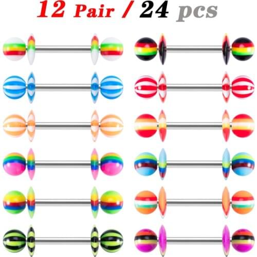 24pcs Colourful Tongue Barbell Piercing Acrylic Stud Nipple Ring Ear Cartilage Tragus Bar Stainless Steel Women Body Jewelry 14G