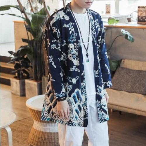 #4224 Spring 2021 Hanfu Jacket Men Long Sleeved Casual Vintage Coat Cardigan Kimono Jacket Men Loose Printed Cotton Linen Jacket