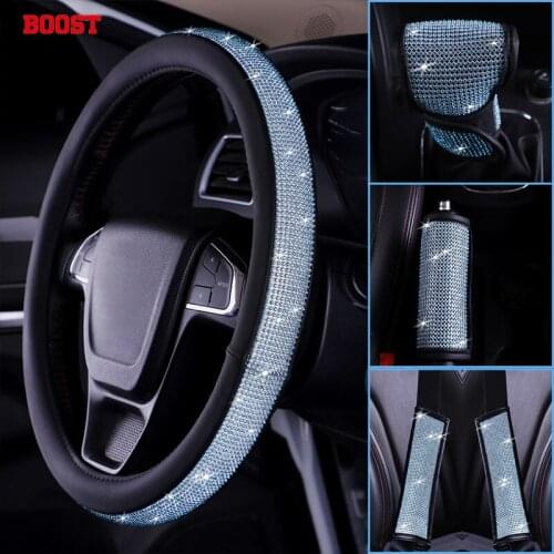 5Pcs Plastic Diamond Steering Wheel Cover Seat Belt Shoulder Strap Pad Gear Sleeve Hand Brake Set