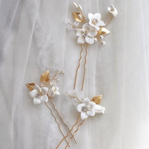 White Porcelain Flower Bridal Hair Pins Clips Crystal Wedding Headpiece Handmade Women Boddy Pin Jewerly